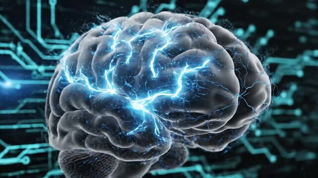 Artificial intelligence brain with glowing blue circuit board background.