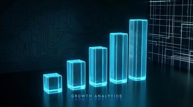 Blue glowing bar chart showing business growth analytics with digital grid lines on a dark background