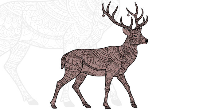 Detailed zentangle deer buck with large antlers illustration.