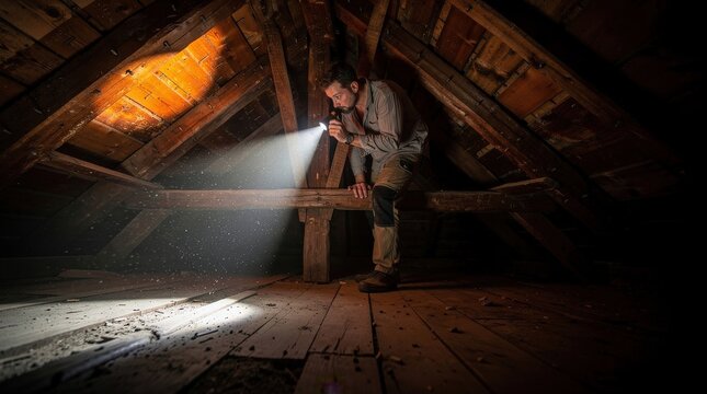 Man exploring a dusty attic with a flashlight, illuminating wooden beams and floorboards in a dimly lit space.