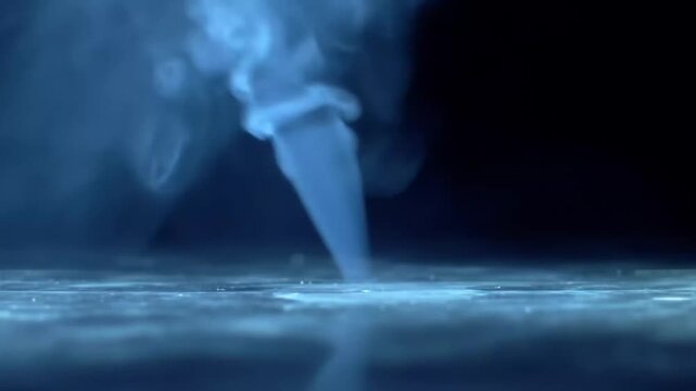 Blue atmospheric smoke or fog over dark reflective floor.