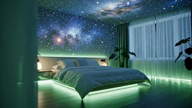 Modern bedroom with a galaxy mural on the wall and ceiling, white bed linens, floating bed with LED lighting, large potted plants, and minimalist bedside tables at night.