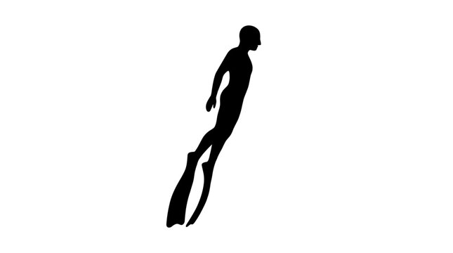 Silhouette of a free diver swimming underwater with fins.