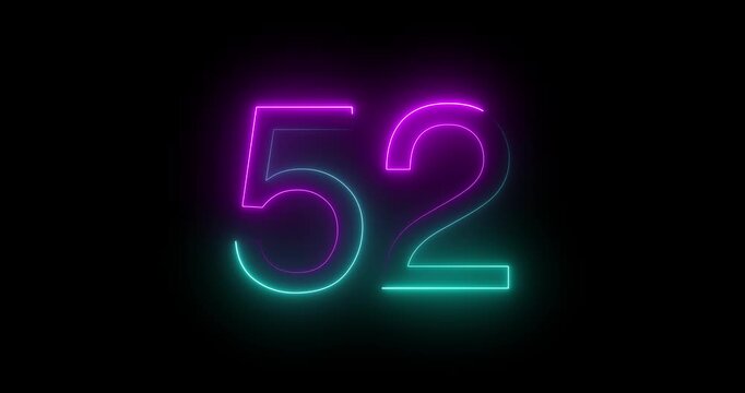 Glowing neon 52 text number animation on black background. Bright neon 51 number symbol. glowing neon number animation concept