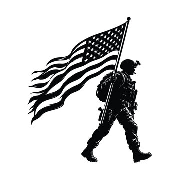 Marching U.S. Soldier Carrying Waving American Flag isolated on white background