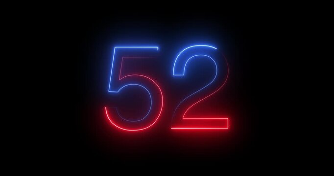 Glowing neon 52 text number animation on black background. Bright neon 51 number symbol. glowing neon number animation concept