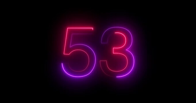 Glowing neon 53 text number animation on black background. Bright neon 51 number symbol. glowing neon number animation concept