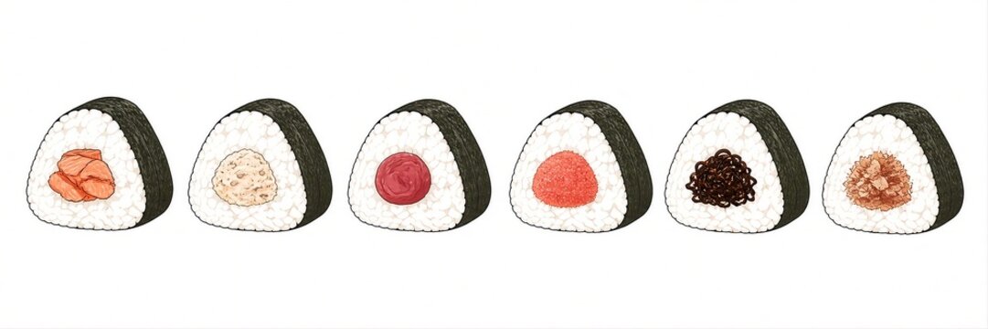 人気の具材を集めたおにぎりの広告バナー・ヘッダーイラスト｜鮭 梅 明太子 昆布 ツナ おかか