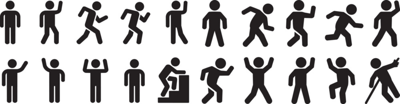Human action stick figure vector illustration movement sequence set.