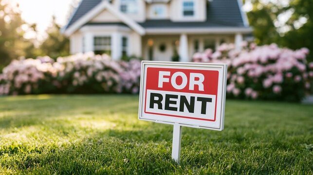 Red real estate for rent sign on lawn with blurred residential house background