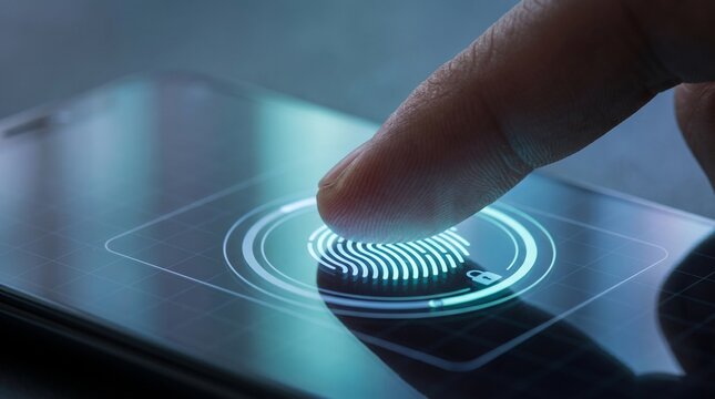 Close up of person touching smartphone screen with glowing biometric fingerprint scanner