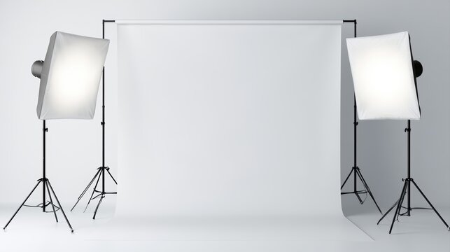 Professional photography studio setup with seamless white background and softbox lighting equipment