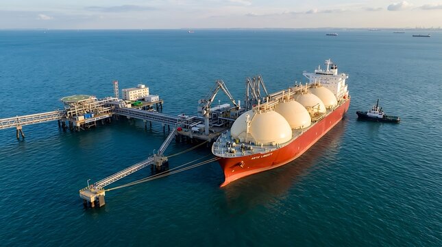 LNG carrier ship with storage tanks anchored near floating loading station