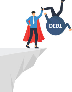Businessman superhero pushing debt financial burden overcoming crisis business success risk management financial planning economic recovery cliff edge red cape blue shirt