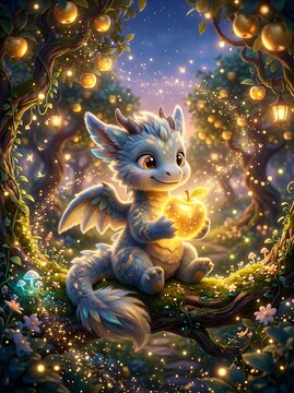 Cute baby dragon holding golden apple in enchanted forest