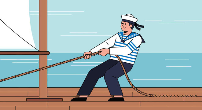 Sailor pulling rope on a ship against ocean backdrop vector illustration