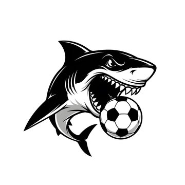 Aggressive shark holding a soccer ball in its mouth
