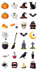 Fototapeta premium Classic Halloween symbols including jack-o'-lantern, ghosts, bats, witches, skulls
