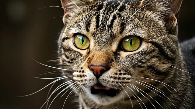 Close-up portrait of a tabby cat with striking green eyes.