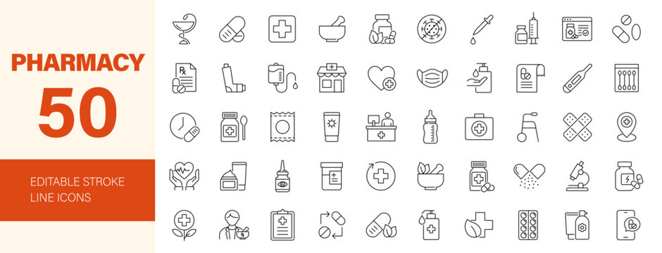 Pharmacy icon set. Editable line icons. Vector illustration.