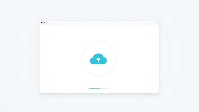 A minimalist white digital screen features a cloud upload icon centered, with a progress bar below, set against a soft, light gray background