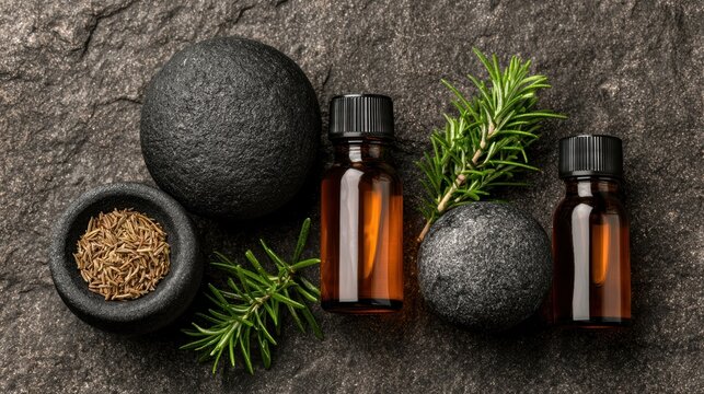 Essential oil bottles with fresh herbs and natural stones on dark stone textured background for aromatherapy and wellness spa therapy sessions