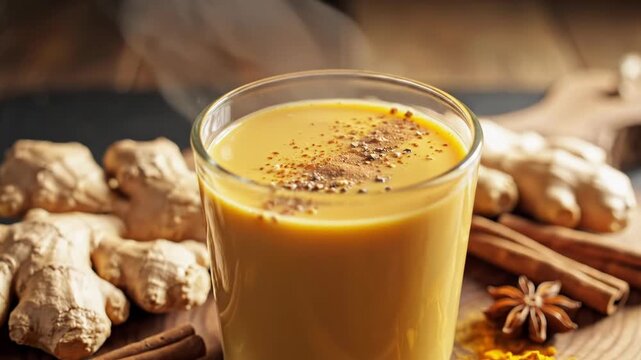Golden turmeric milk latte in a clear glass on a rustic wooden board surrounded by fresh ginger roots, ground turmeric powder, cinnamon sticks, and star anise pods in a warm setting.
