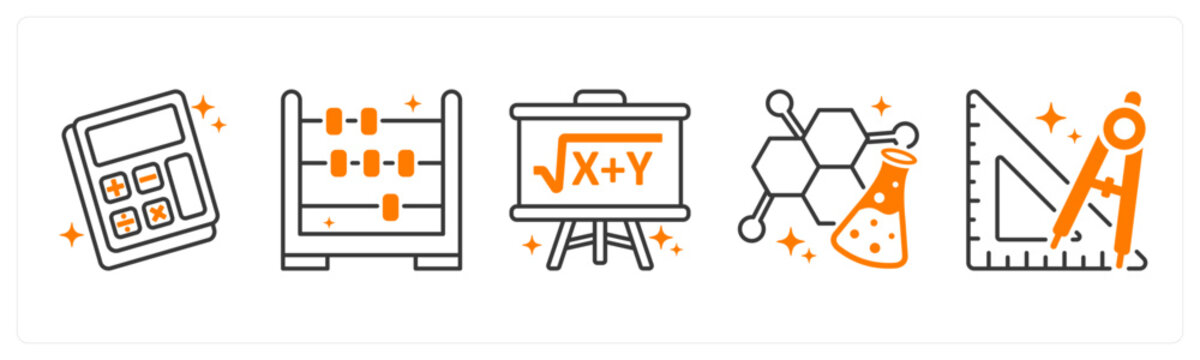 A set of 5 icons as calculator, abacus, maths in orange color