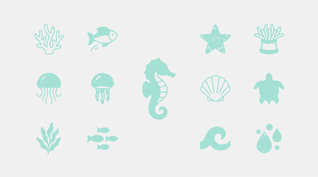 Nautical Icons Set: Seahorse, Fish, Starfish, Jellyfish, Turtle, Shell, Coral