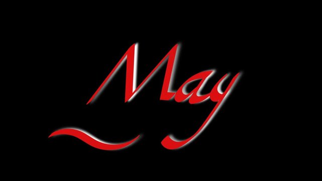 Elegant May Calendar Cover Design with Red Script Font and Floral Corners on Black Background