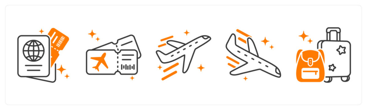 A set of 5 icons as passport, boarding pass, airplane takeoff in orange color