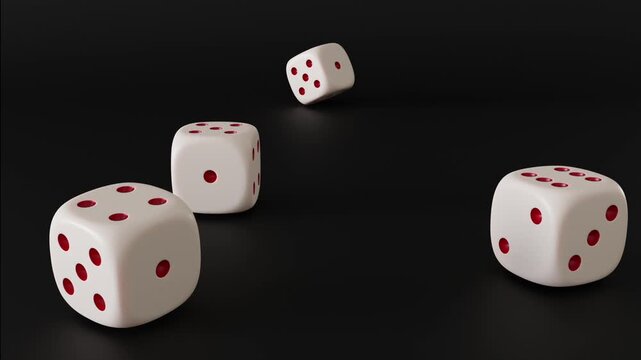 Four dice falling and rolling on black background