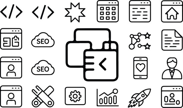 Minimal web development icon vector set featuring browser windows coding symbols rocket analytics and interface elements in structured grid layout design