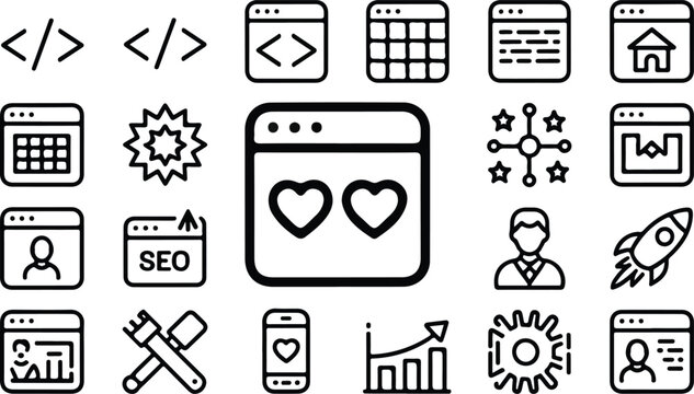 Minimal web development icon vector set featuring browser windows coding symbols rocket analytics and interface elements in structured grid layout design