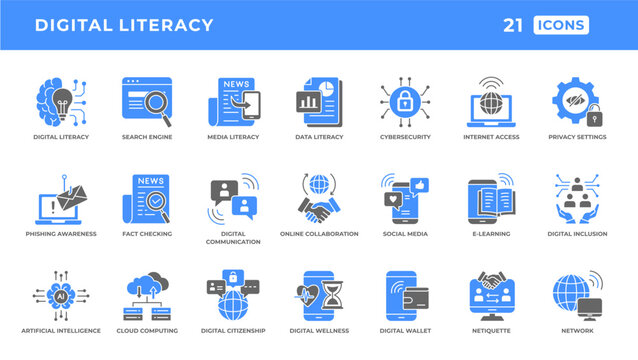 Digital Literacy and Universal Tech Education Solid Glyph Icons Pack for Technology Vector Illustration