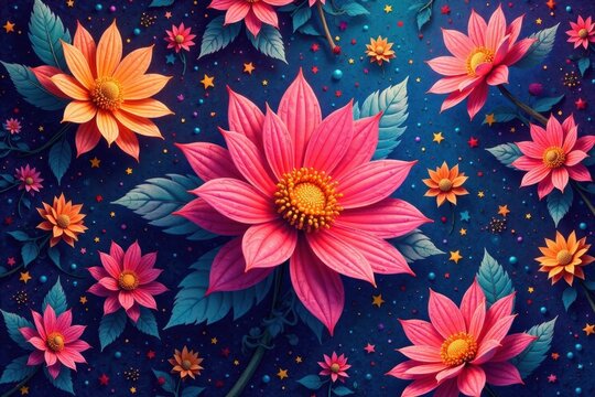 Floral explosion of psychedelic blooms amidst swirling patterns of hexagons and triangles, colorful, print