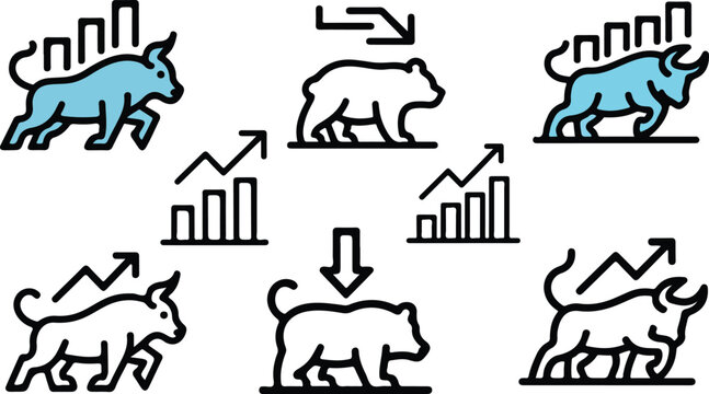 Minimal stock market concept set showing bullish and bearish trading indicators with graph elements in clean modern finance illustration style