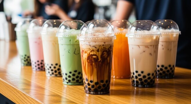 Row of colorful bubble tea in plastic cups with lids on wooden counter. Variety of boba drink with tapioca pearl. Refreshing cold beverage selection. Cafe snack and summer sweet drink.