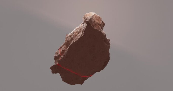 A fractured floating rock reveals glowing red energy lines running through its surface in a sci-fi composition.