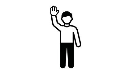 Fototapeta premium Stick figure man waving hand in greeting or asking a question, isolated white background.