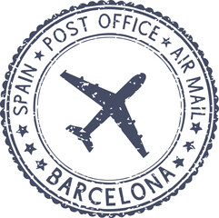 Vintage air mail stamp from Barcelona Spain featuring an airplane silhouette perfect for travel and postal service themes © aftab