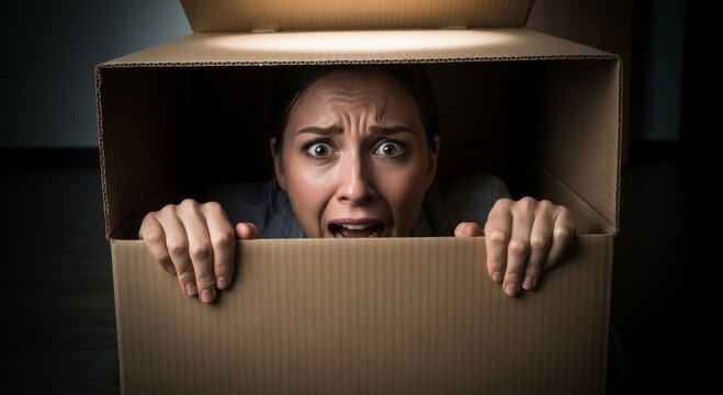 Woman hiding inside a cardboard box looking scared. Frightened female person peaking out from a carton container. Concept of stress, social anxiety, depression and feeling trapped.
