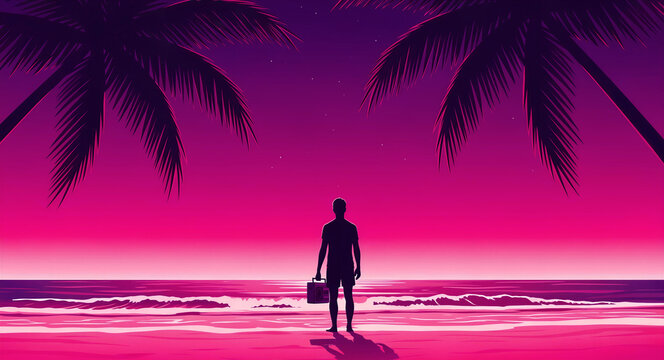 Man silhouette holding boombox on a tropical beach at sunset. Retro aesthetic with palm trees and ocean waves under a starry purple sky. Synthwave concept, ideal for 80s nostalgic music posters.