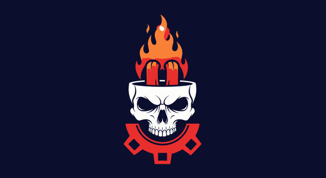 Skull with fire on top and gear below, combining skull, fire, and mechanical motifs