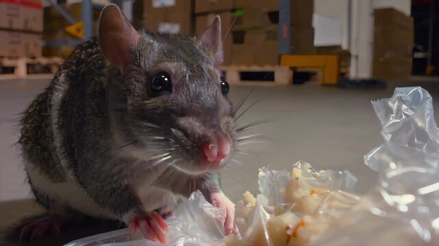 Rat chewing plastic food packaging inside warehouse loading zone surrounded by cardboard boxes, storage inventory, showing contamination risk, pest infestation and unsanitary supply chain conditions.