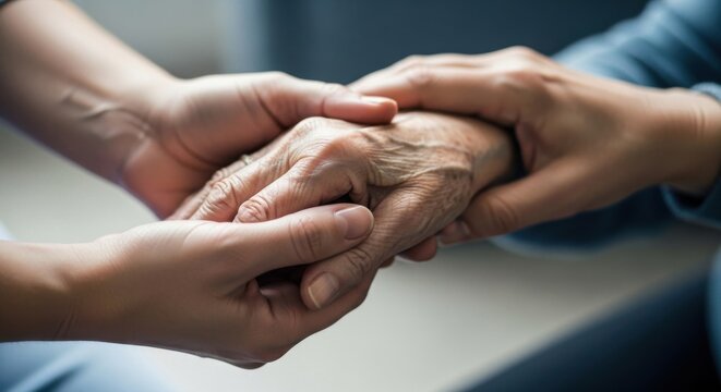 Closeup of two people holding hands in a supportive gesture