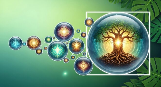 Vibrant tree of life in a glowing orb with smaller orbs and leafy background