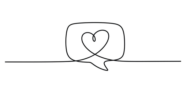 Continuous single line drawing of heart inside speech bubble