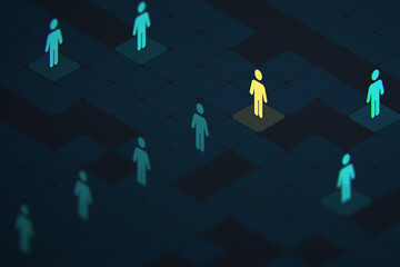 Abstract isometric 3D glowing human figures on a dark grid. One yellow figure stands out from the blue crowd, representing uniqueness, leadership, and talent recruitment. © Suppachok N