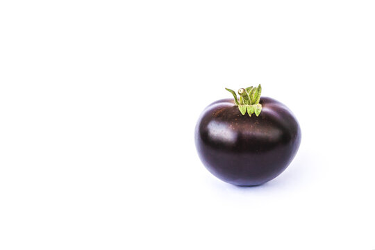 A single ripe purple Indigo Rose heirloom tomato isolated on white background.
